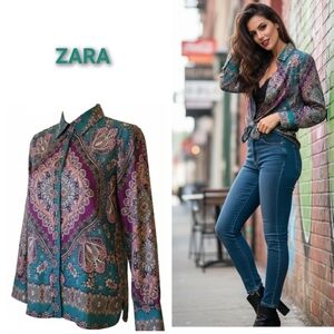 XS. ZARA Paisley Print Satin-Effect Button-Down Shirt Blouse Green Purple Boho